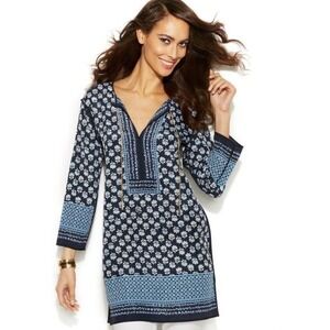 Michael Kors Floral Print Tunic Dress Long Sleeve‎ Blouson Black Blue S